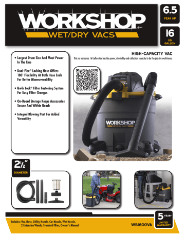 WORKSHOP Wet/Dry Vacs WS1600VA Wet-Dry Vacuum Specification Sheet | Manualzz