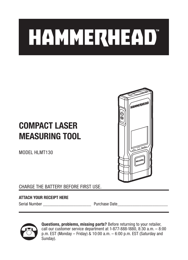Hammerhead HLMT130 Rechargeable Compact 130 ft Laser Measuring Tool Owner's  Manual | Manualzz