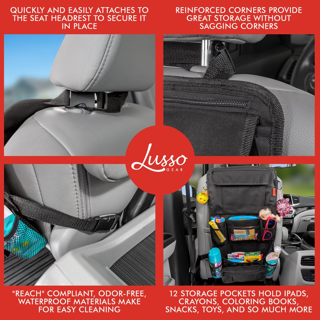 Buy Lusso Gear Heavy Duty Back Seat Car Organizer - Extra Large for  Powerful Protection - Sag Proof & Reinforced Corners - Protects iPad &  Backseat - 12 Versatile Car Seat Organizer