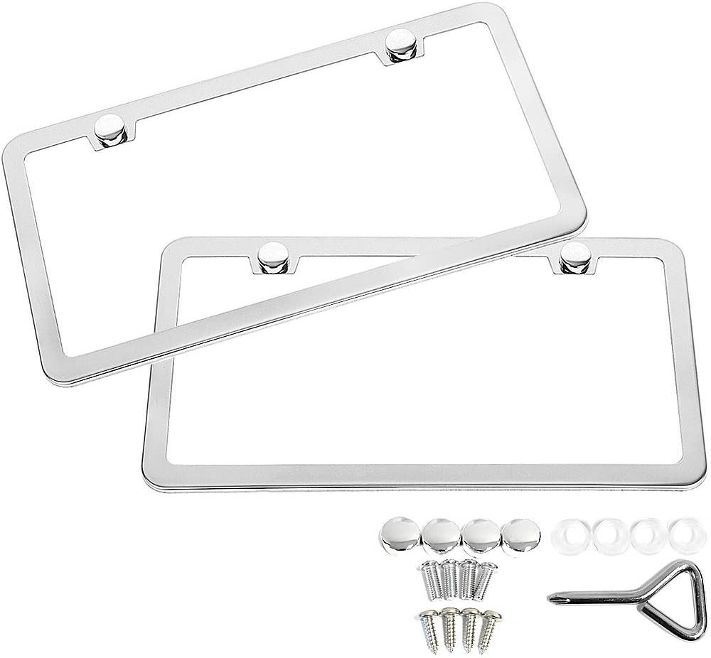 SunplusTrade 2 PCS Stainless Steel Polish Mirror License Plate Frame +  Chrome Screw Caps (Silver) | Pricepulse