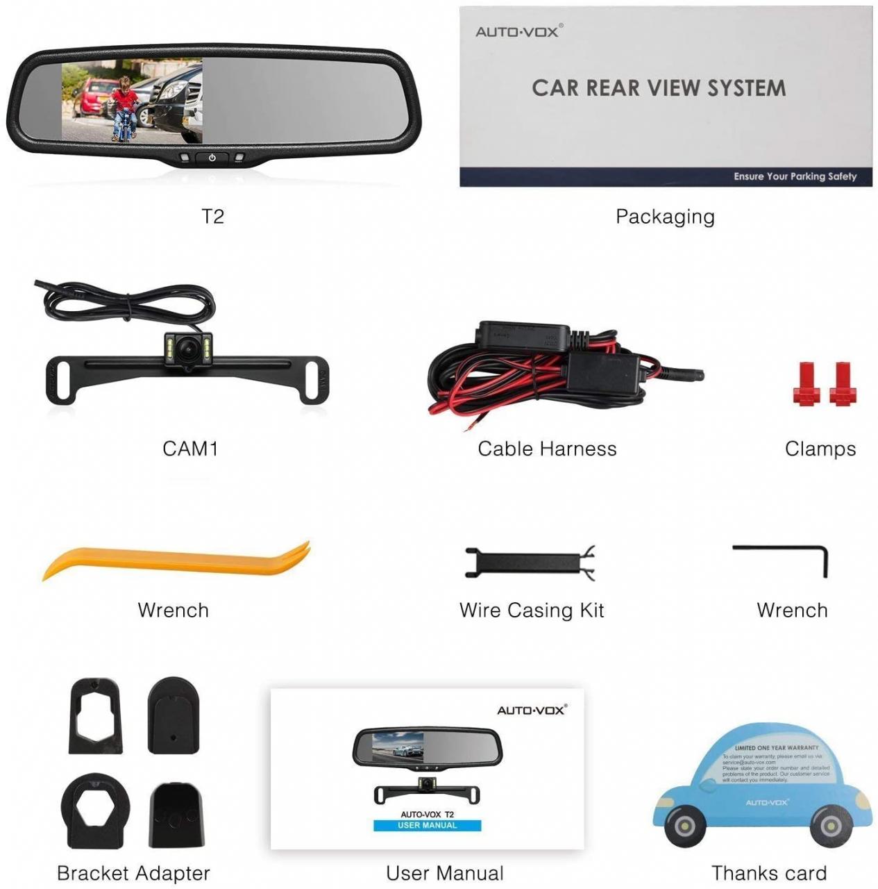 AUTO-VOX T2 Backup Camera Kit 4.3? LCD OEM Car Rearview Mirror Monitor  Parking and Reverse Assist with IP 68 Waterproof LED Night Vision Rear View  License Plate Back up Car Camera for