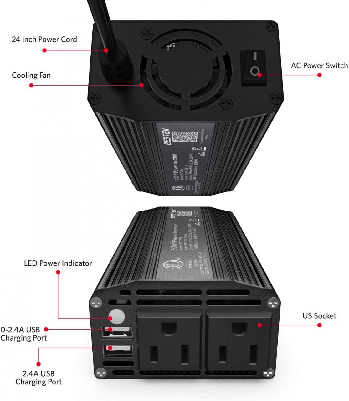 Bestek BESTEK 300W Power Inverter DC 12V to 110V AC Car Inverter with 4.2A  Dual USB Car Adapter (Gray)