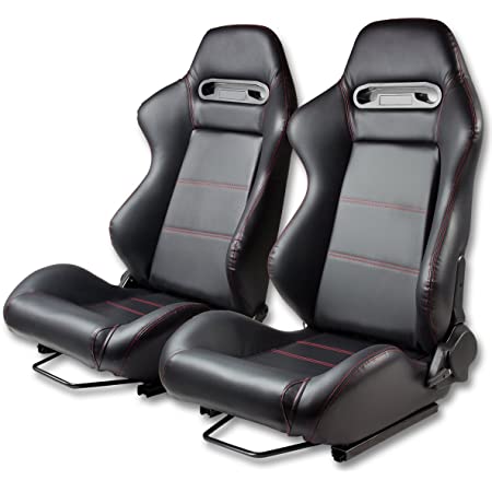 Amazon.com: Type-R Style Black Faux Leather Reclinable Sport Racing Seats  With Red Stitch Set of 2 : Automotive