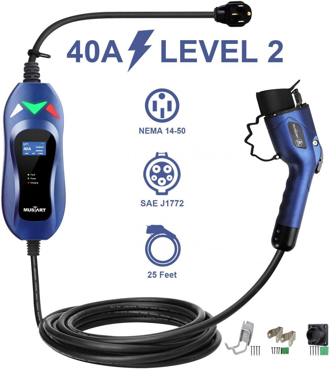 Buy MUSTART Level 2 Portable EV Charger (240 Volt, 25ft Cable, 40 Amp), Electric  Vehicle Charger Plug-in EV Charging Station with NEMA 14-50P (Update  Version) Online in Hong Kong. B07THBGGMG
