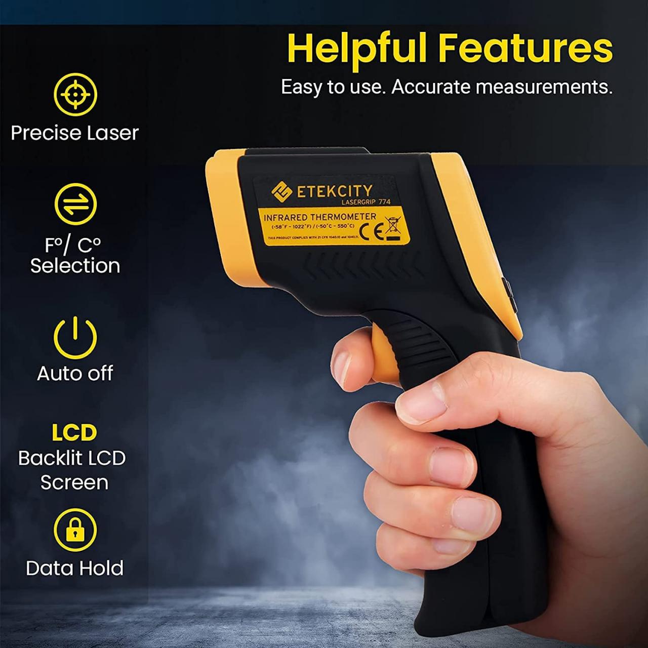 Etekcity Lasergrip 774 Non-contact Digital Laser IR Infrared Thermometer,  Temperature Gun, -50°C~380°C (-58°F~716°F), Yellow/Black (Not suitable for  measuring body temperature) : Amazon.co.uk: Business, Industry & Science