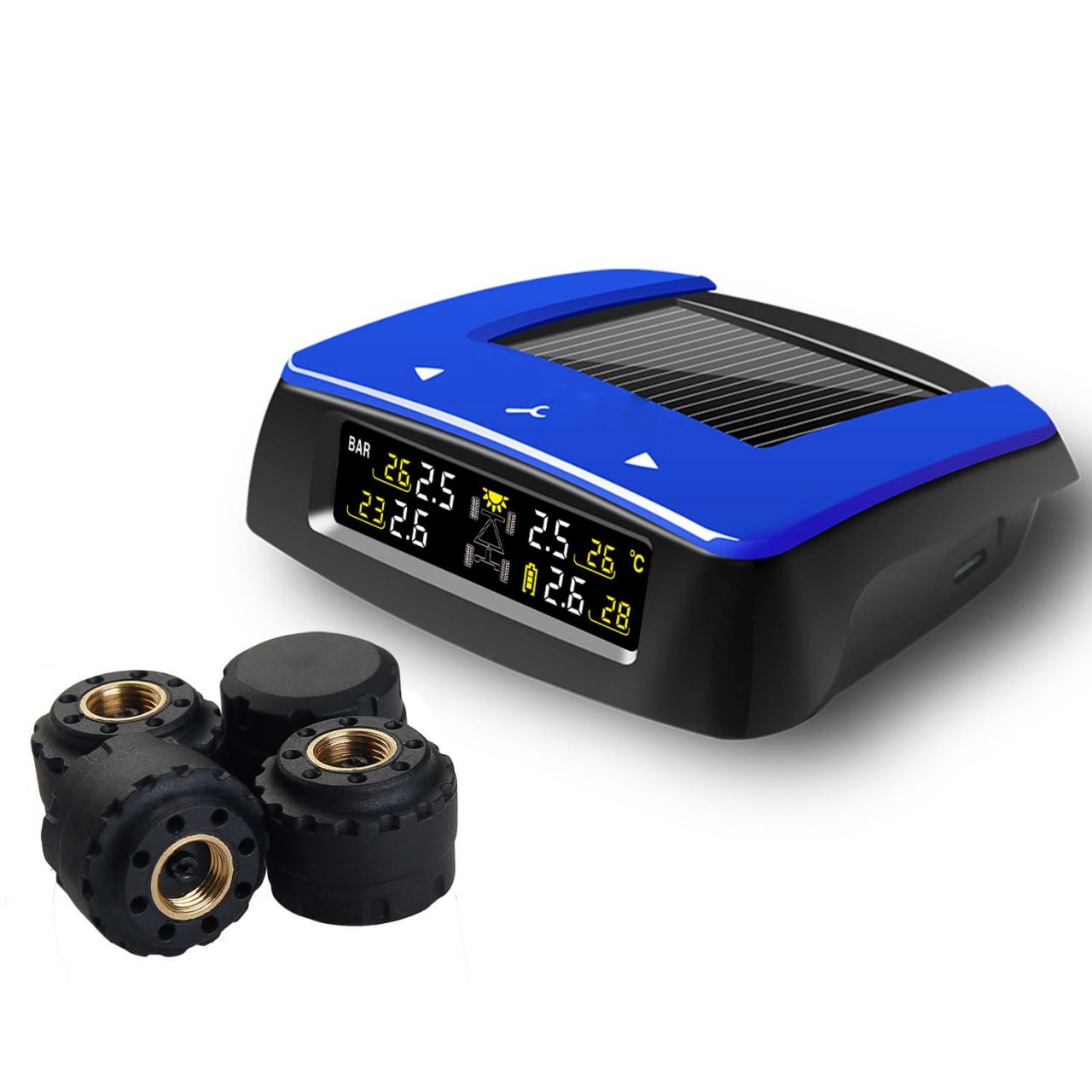 Vesafe Universal Solar TPMS, Wireless Tire Pressure Monitoring System with  4 DIY External Cap Sensors(0-6Bar/0-87Psi), Real-time Display 4 Tires'  Pressure and Temperautre. (Color Display)- Buy Online in Guernsey at  guernsey.desertcart.com. ProductId :