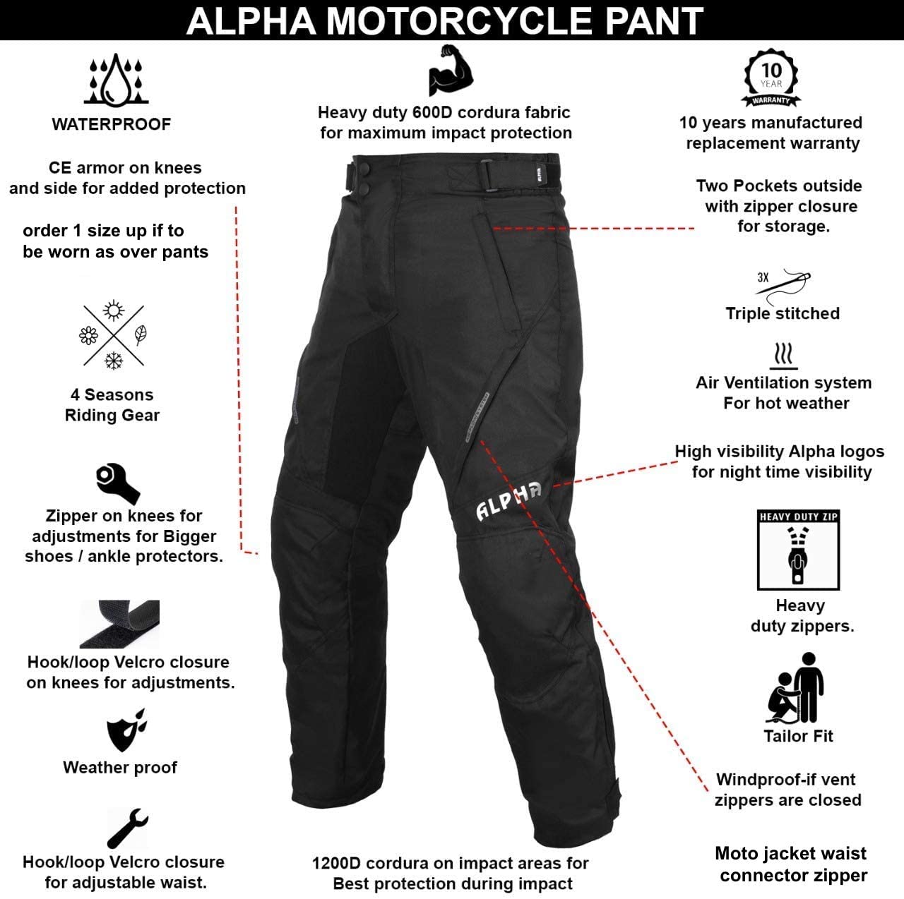 Buy All Season Motorcycle Pants Men Motocross Offroad Overpants Touring  Adventure Dual Enduro Waterproof CE Armor (Black, Waist 32-34 Inseam 32)  Online in Turkey. B082XQKTL2