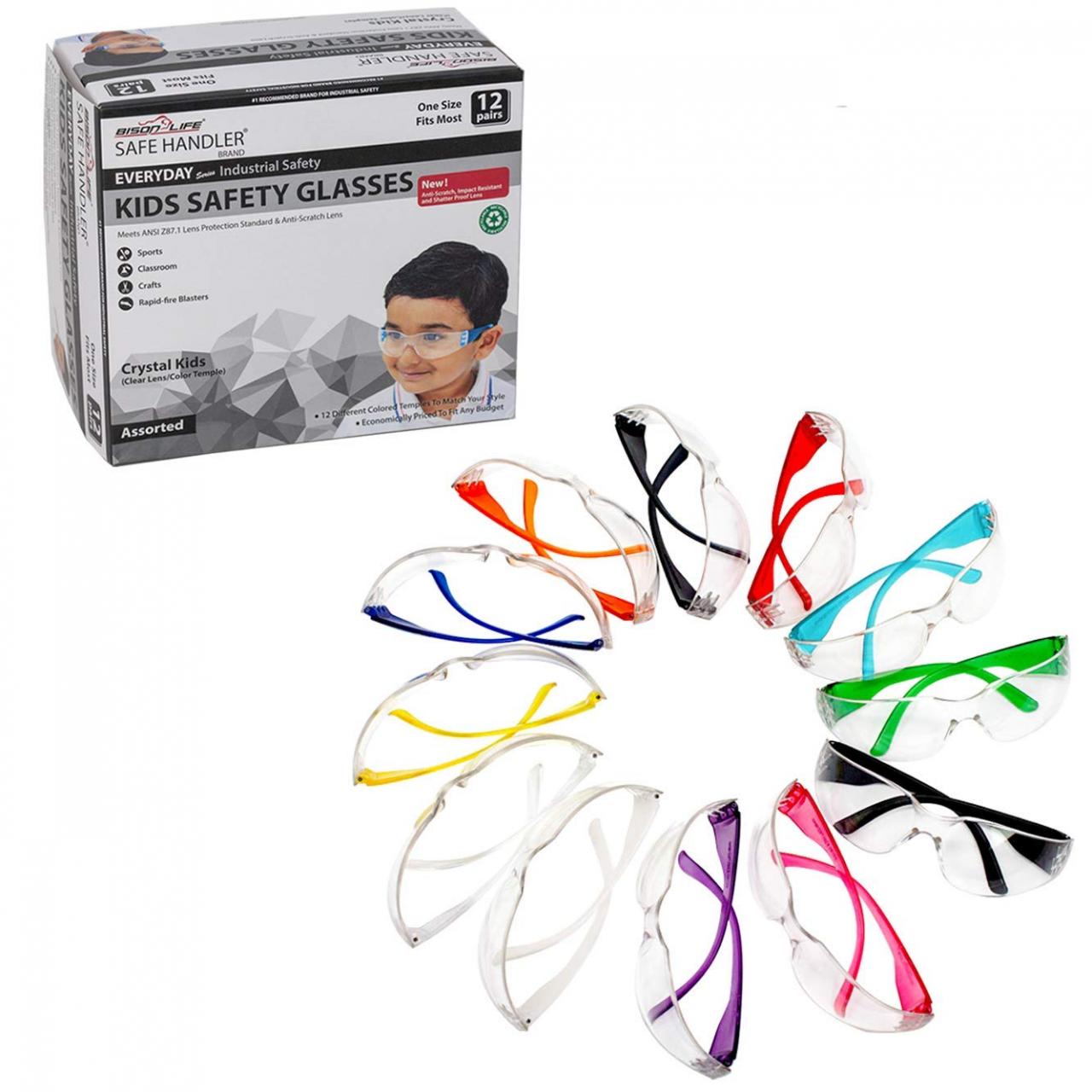 BISON LIFE Kids Protective Safety Glasses | Impact and Ballistic Resistant  Lens, Clear Polycarbonate Lens Color Temple, Child Youth Size (Box of 12  Colors - Variety Pack)- Buy Online in Antigua and