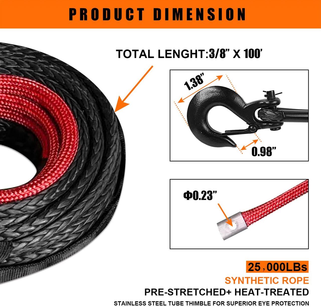 Buy AlltoAuto Winch Rope with Hook, 3/8 x 10025000lbs Dyneema Synthetic  Winch Rope Line Cable with Protective Sleeve for Truck 4WD Off-Road Vehicle  Winch Accessory Online in Turkey. B08M97FJFB