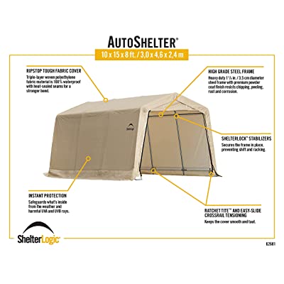 Buy ShelterLogic 10 x 15 x 8 All-Steel Metal Frame Peak Style Roof Instant  Garage and AutoShelter with Waterproof and UV-Treated Ripstop Cover,  Sandstone Online in Japan. B003AQLCI0