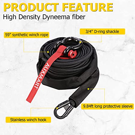 Auxmart Synthetic Winch Rope Winch Line Cable 20500LBs Protective Sleeve  95ft x 3/8