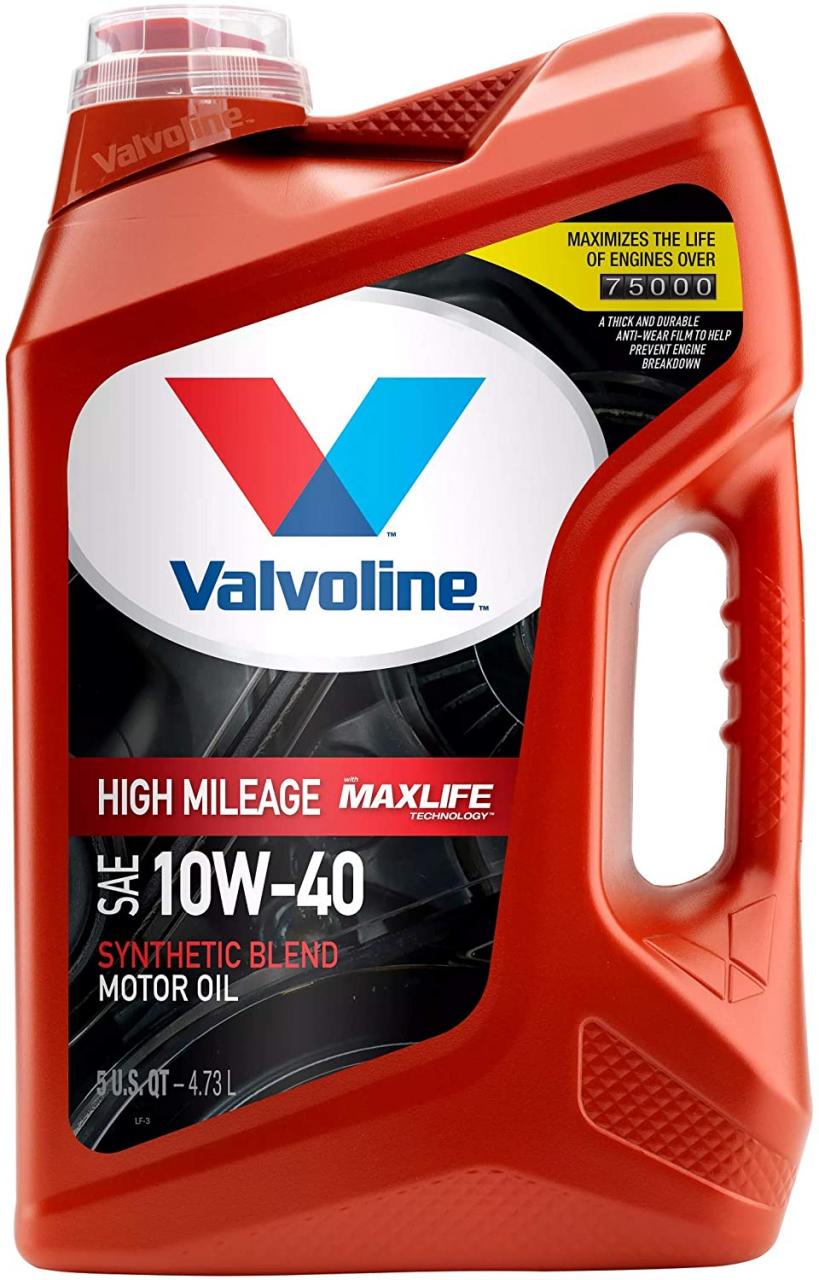 Buy Valvoline High Mileage with MaxLife Technology SAE 10W-40 Synthetic  Blend Motor Oil, Easy Pour 5 Quart Online in Hong Kong. B008QDXADW