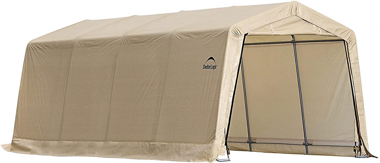 Buy ShelterLogic 10' x 15' x 8' All-Steel Metal Frame Peak Style Roof Instant  Garage and AutoShelter with Waterproof and UV-Treated Ripstop Cover,  Sandstone Online in Indonesia. B003AQLCI0
