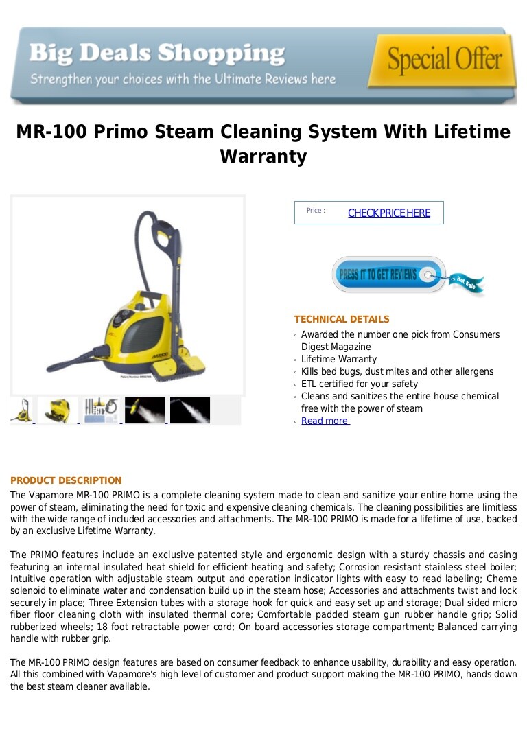 Mr 100 primo steam cleaning system with lifetime warranty