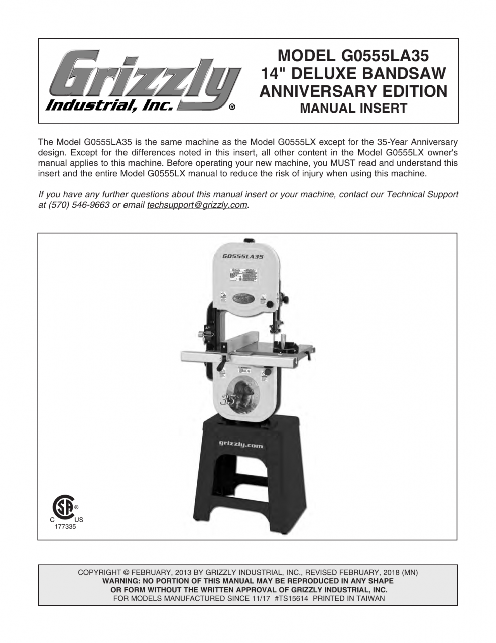 Grizzly G0555LA35 1 HP Deluxe Bandsaw Owner Manual | Manualzz