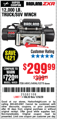 Buy the Badland ZXR 12000 Lbs. Truck/SUV Electric Winch for 9.99 –  Harbor Freight Coupons