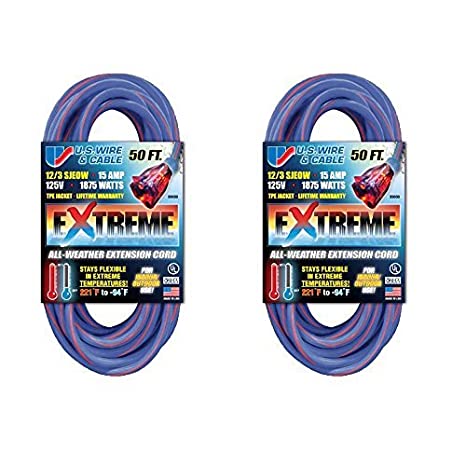 US Wire 99050 12/3 50-Foot SJEOW TPE Cold Weather Extension Cord Blue with  Lighted Plug U.S Wire & Cable/Flexon