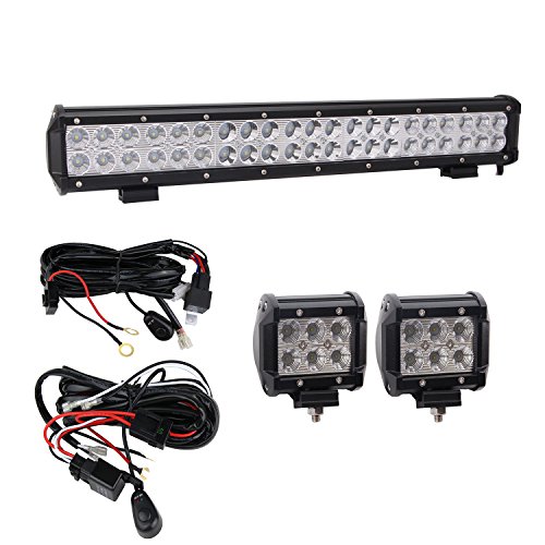 Hook All 3 Lights] Bangbangche 20'' 126W Combo CREE Led Light Bar, 2X 4''  18W Flood Cree Pods Lights with 2X 10FT Wring Harness for Jeep Boat Tractor  Trailer Off road Truck-