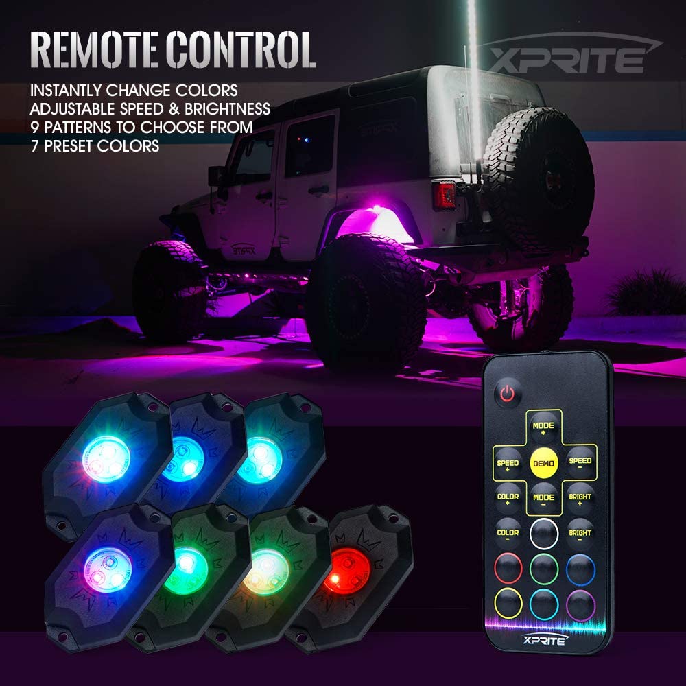 Buy Xprite 8PCs LED RGB Rock Light Kit with Wireless Remote Control,  Flashing, Auto Scroll Modes, Multicolor Neon Lights Pod for Underglow Off  Road, Truck, Jeep, UTV, ATV, SUV Online in Vietnam.