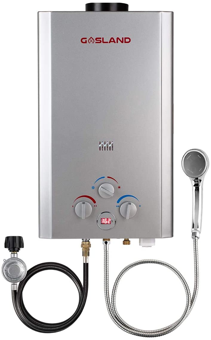 Buy Tankless Water Heater, GASLAND Outdoors BE264S 2.64GPM 10L Outdoor  Portable Gas Water Heater, Propane Water Heater, Overheating Protection,  Easy to Install, Use for RV Cabin Barn Camping Boat, Silver Online in