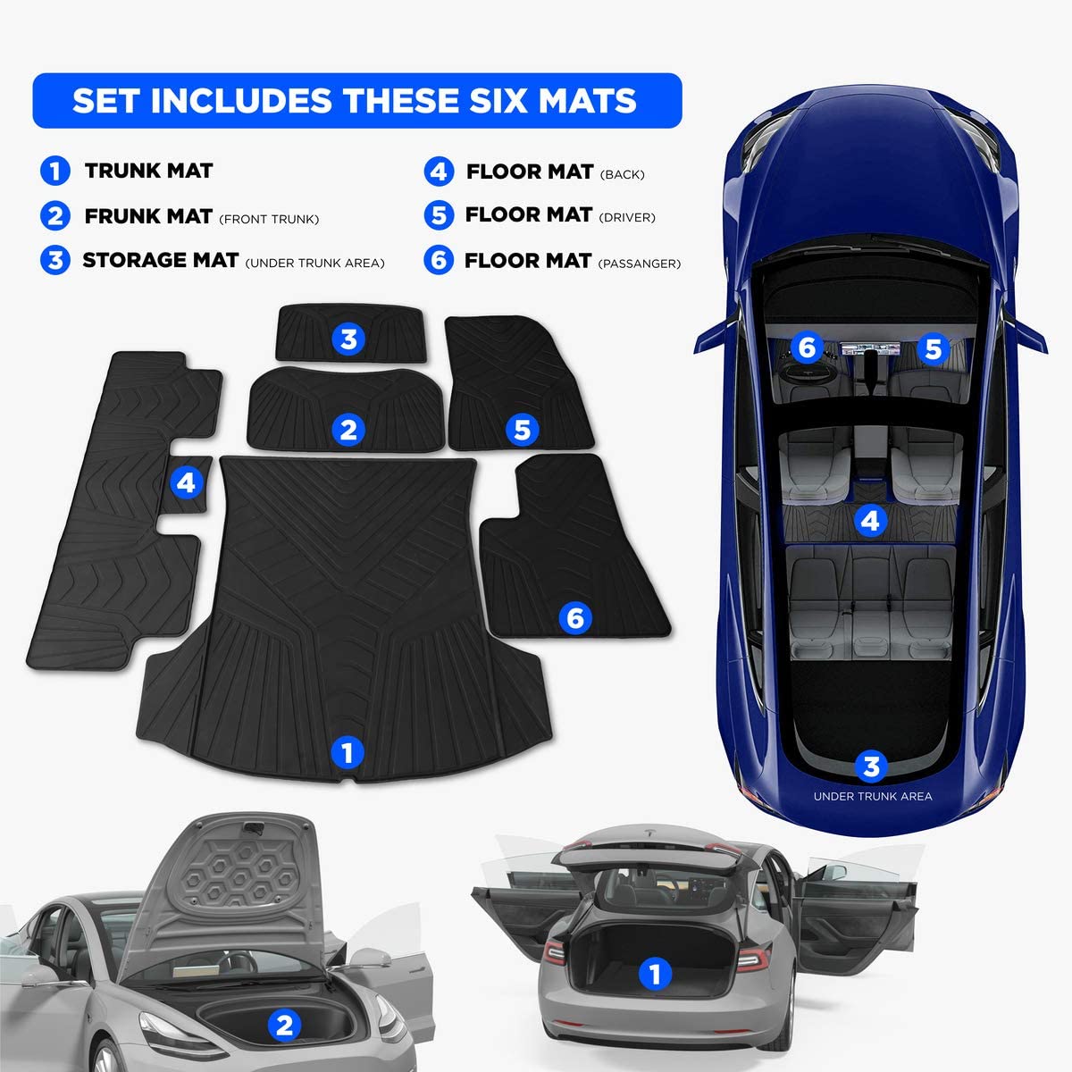 Buy 1 Tesla Model 3 Floor & Trunk Mats - All Weather Mat Fits 2017 - 2021  (Complete Mat Set Floor, Trunk, Frunk, Storage) Accessories - Heavy Duty &  Flexible Eco-Friendly All