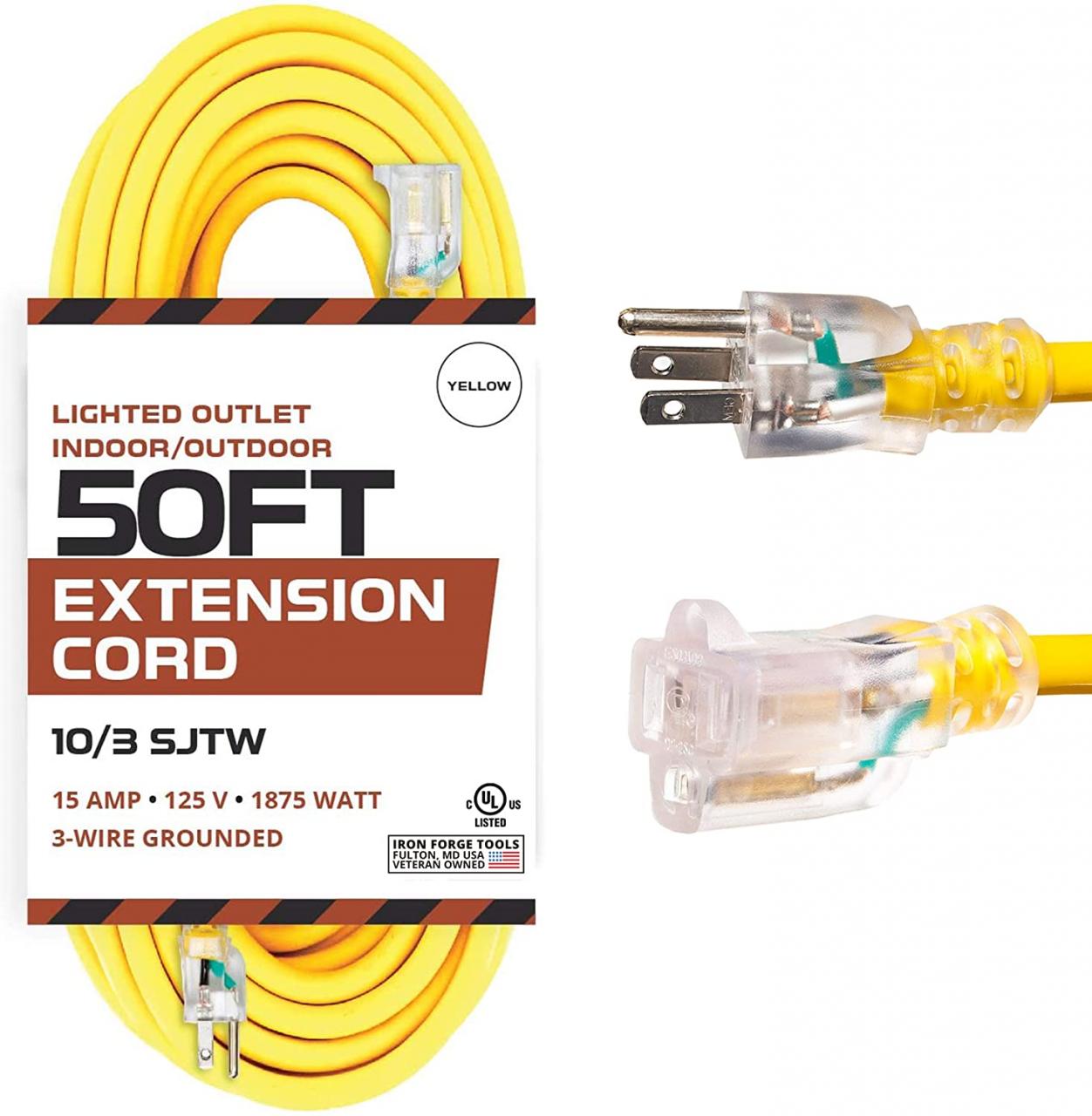 Lighted Outdoor Extension Cord with 3 Electrical Power Outlets - 10/3 - iron  forge tools