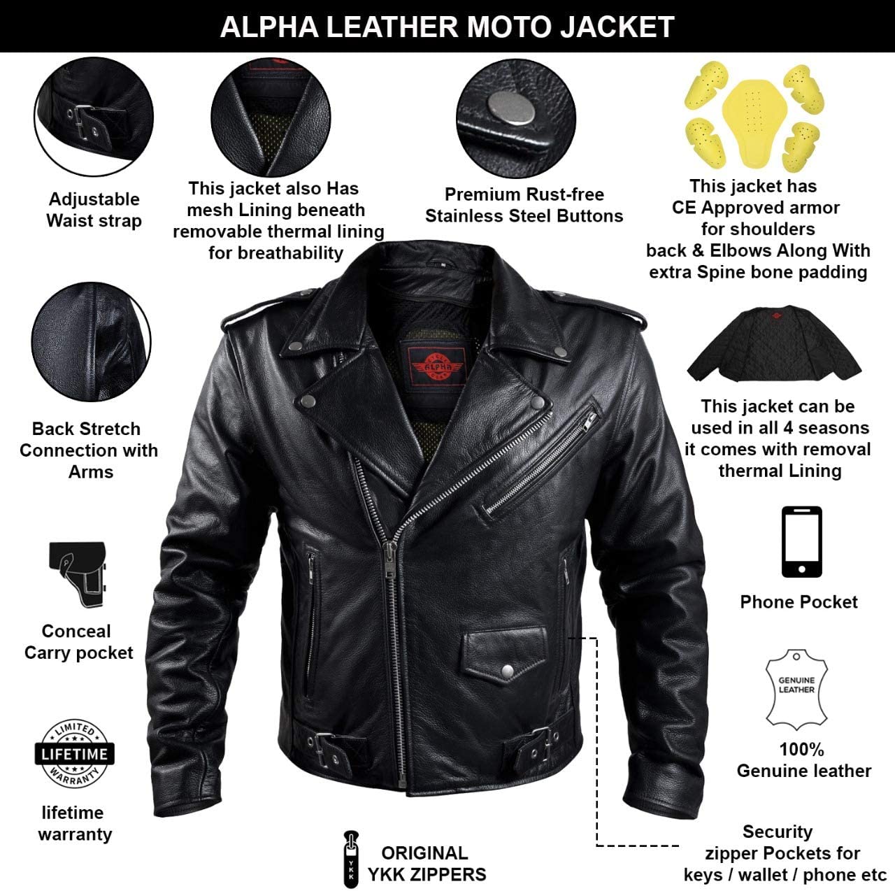 Buy Leather Armor Biker Motorcycle Jacket Men Brando CafÉ Racer Dual Sports  Riding Black Jacket… (black, Medium) Online in Hong Kong. B08BHQZDR3