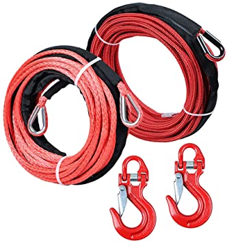 Winch Rope with Hook Astra Depot 50' x 1/4 7000lbs Black Synthetic Winch  Line Cable Rope w/Rock All Heat Guard + RED Heavy Duty Half-Linked Hook for