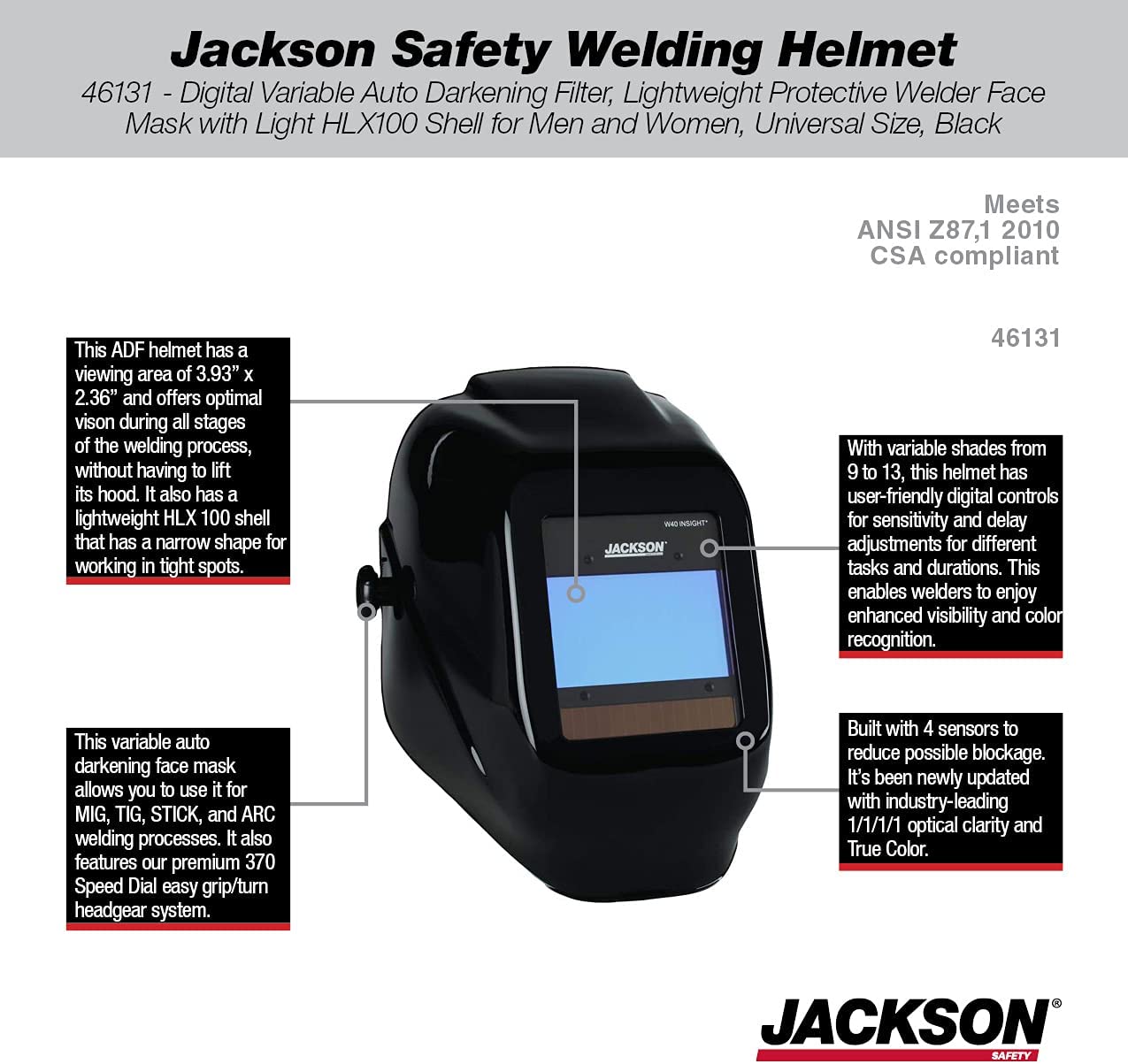 Buy Jackson Safety Welding Helmet, 46131 - Digital Variable Auto Darkening  Filter, Lightweight Protective Welder Face Mask with Light HLX100 Shell for  Men and Women, Universal Size, Black Online in Turkey. B01HTMLSLQ