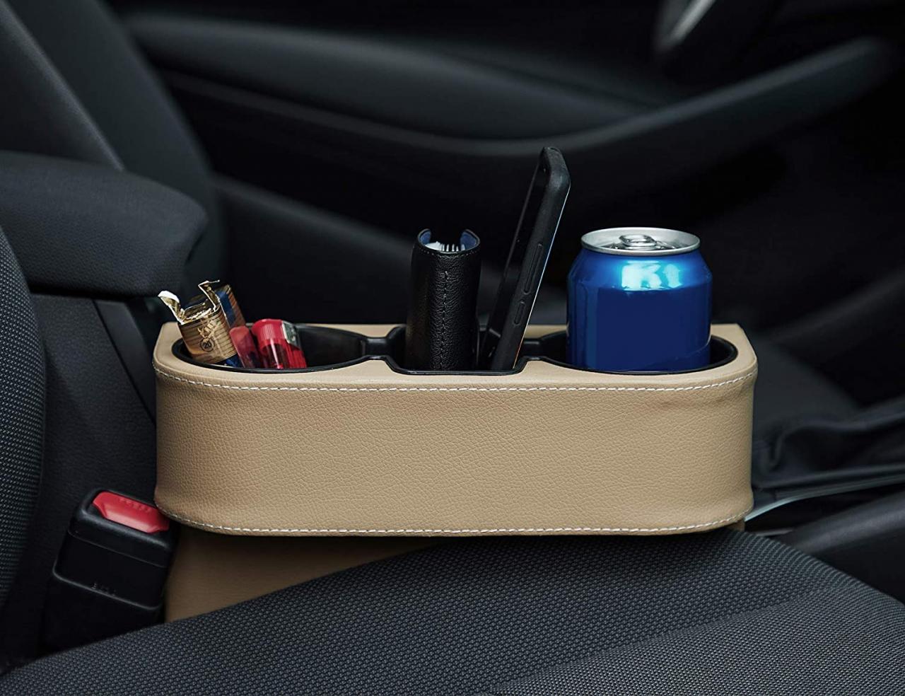 Buy IOKONE Coin Side Pocket Console Side Pocket Leather Cover Car Cup  Holder Auto Front Seat Organizer Cell Mobile Phone Holder (Beige) Online in  Indonesia. B08LVQ81XN