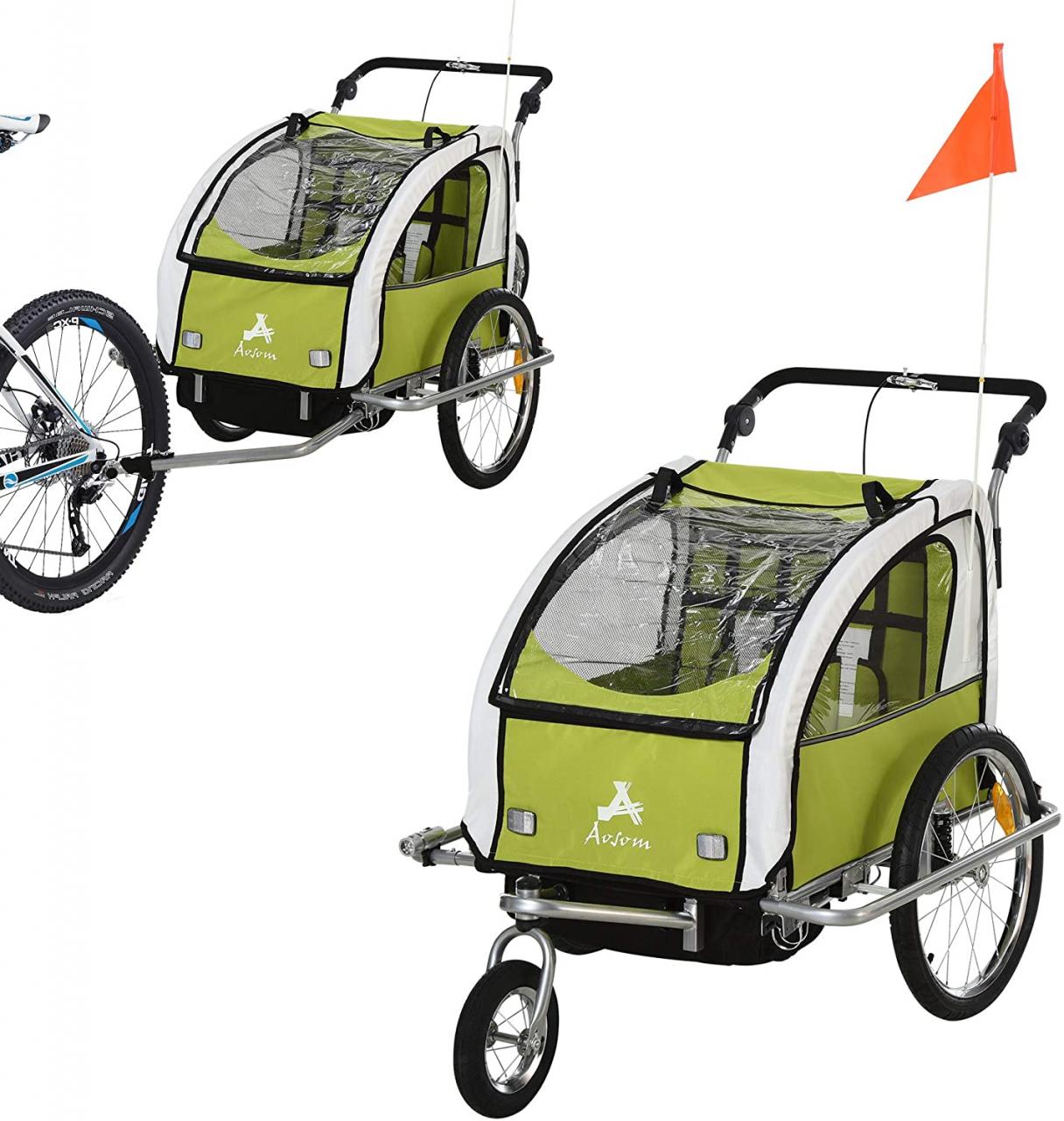 Aosom Elite 360 Swivel 2-in-1 Double Child Two-Wheel Bicycle Cargo Trailer  and Jogger with 2 Safety Harnesses (Green) : Amazon.co.uk: Sports & Outdoors