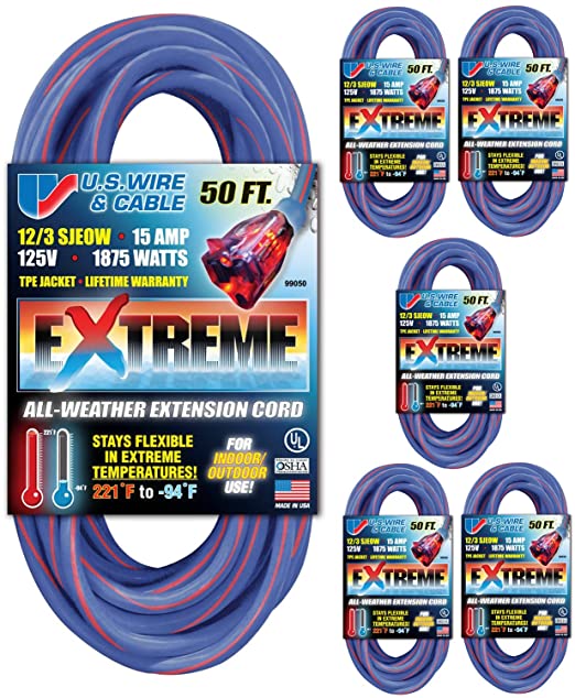 Blue, 2-Pack US Wire 99100 12/3 100-Foot SJEOW TPE Extension Cord Tools &  Home Improvement Extension Cords