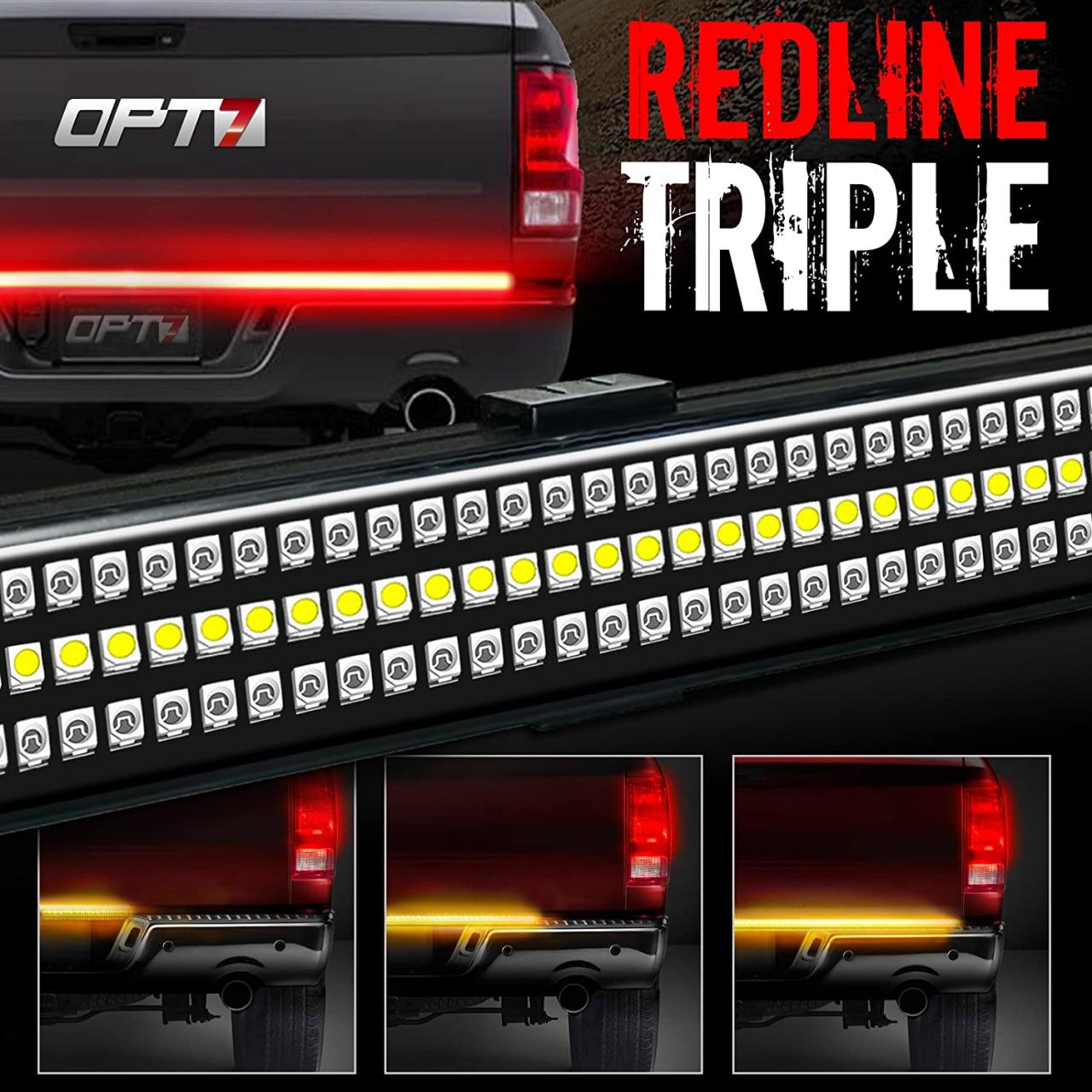 Buy OPT7 Redline Triple LED Tailgate Light Bar w/Sequential 48 AMBER Turn  Signal - Weatherproof No Drill Install - Full Function Reverse Brake  Running Online in Hong Kong. B07Y5W69XP