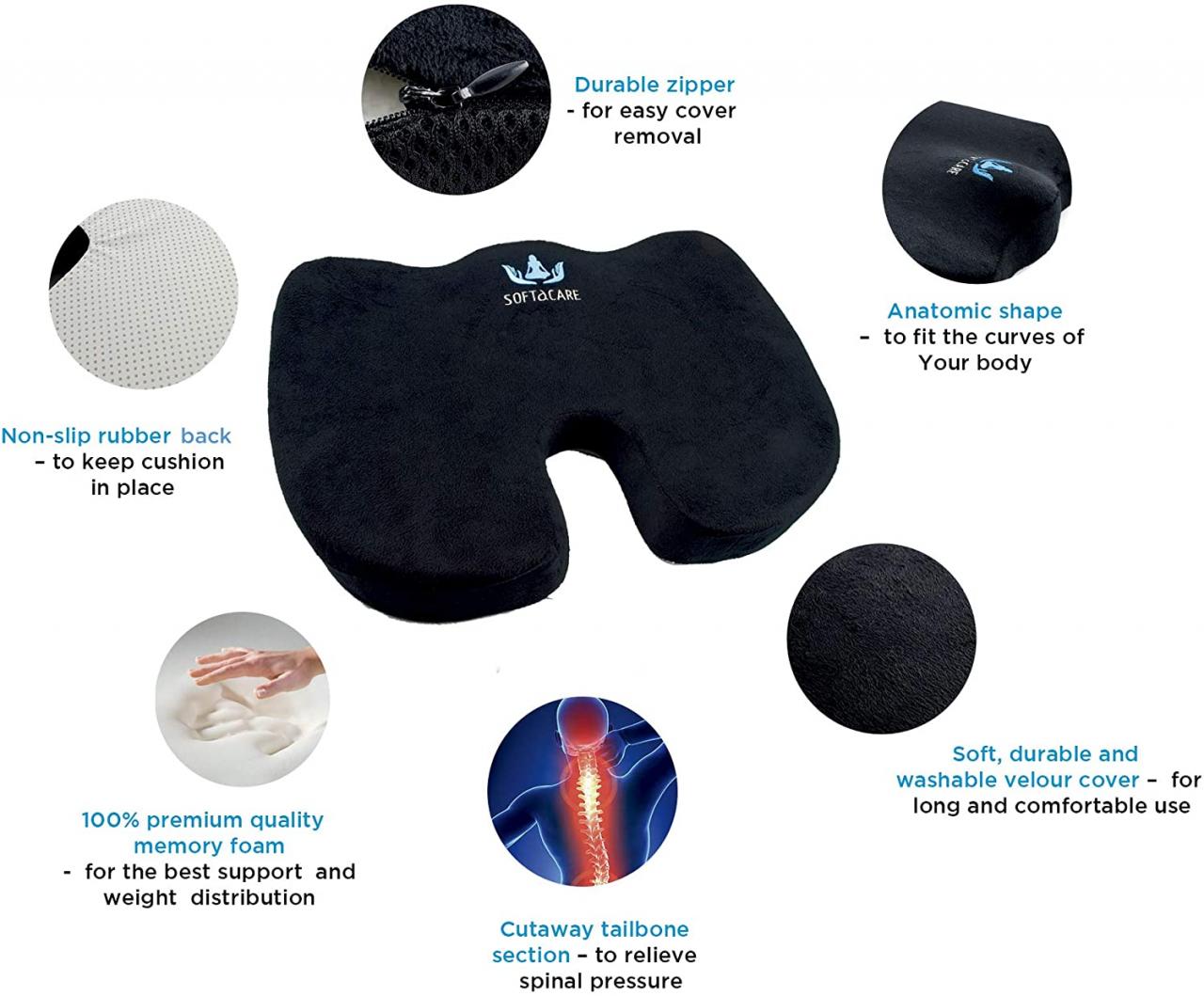 Buy SOFTaCARE Seat Cushion Coccyx Orthopedic Memory Foam and Lumbar Support  Pillow, Set of 2 (Black, 2 pcs) Online in Hong Kong. B07P9RRYWL