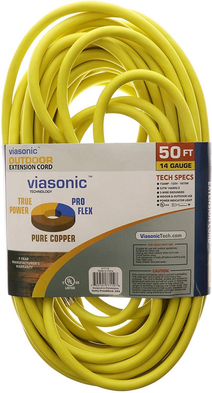 Heavy Duty & Durable Viasonic Outdoor Extension Cord UL listed by Unity  Premium Lighted Plug Safety Yellow Cord 14 Gauge 25FT