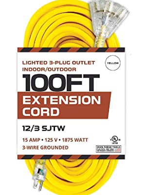 Lighted Outdoor Extension Cord with 3 Electrical Power Outlets - 10/3 - iron  forge tools