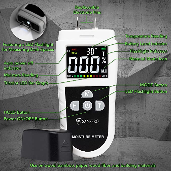 SAM-PRO Dual Moisture Meter 2.0: Upgraded LCD Color Display & Flashlight -  4 Smart Material Modes for Moisture & Temperature readings in Wood,  Concrete, Drywall, Carpet, & Building Materials : Amazon.co.uk: DIY