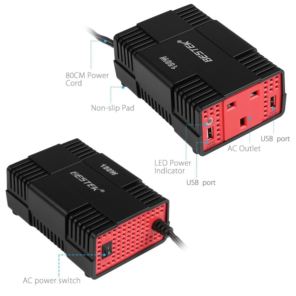 Buy BESTEK 200W Power Inverter, DC 12V to AC 110V Car Inverter with Total  7.8A 4 USB Ports Multi-Protection Car Charger Adapter, ETL Listed(Black)  Online in Indonesia. B07NRYQ4YW