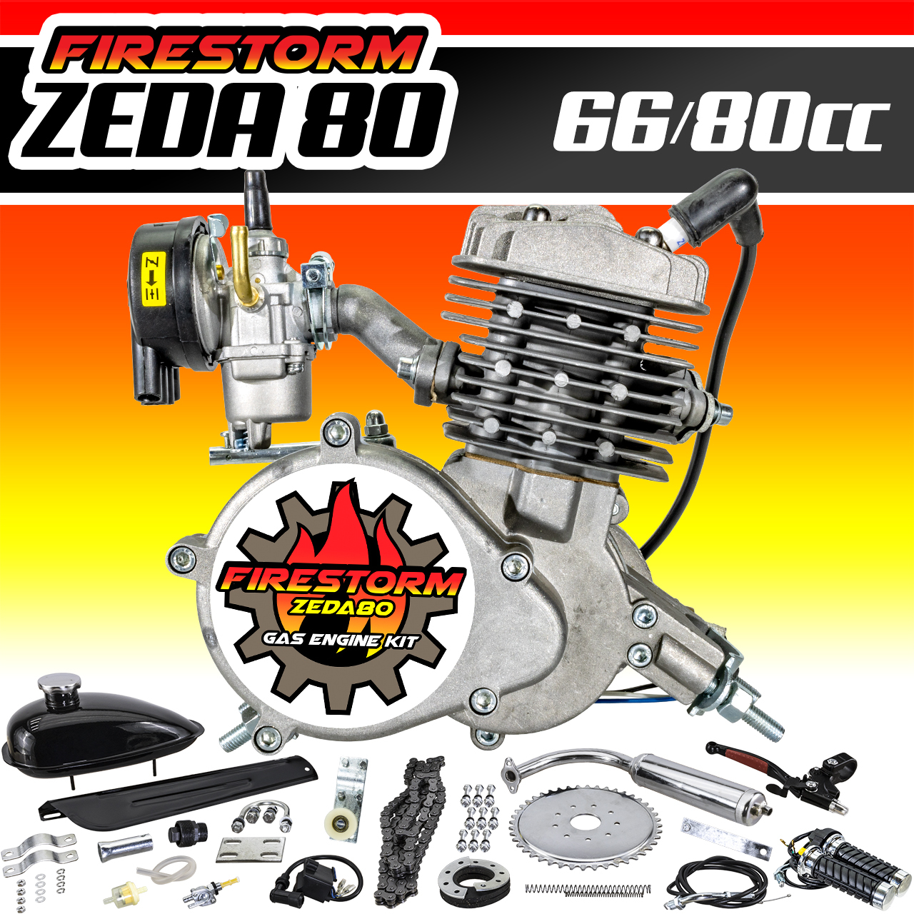 New Zeda 80 Complete 80cc 2 Stroke Motorized Bicycle Engine Kit - Firestorm  Edition - Bicycle-Engines.com