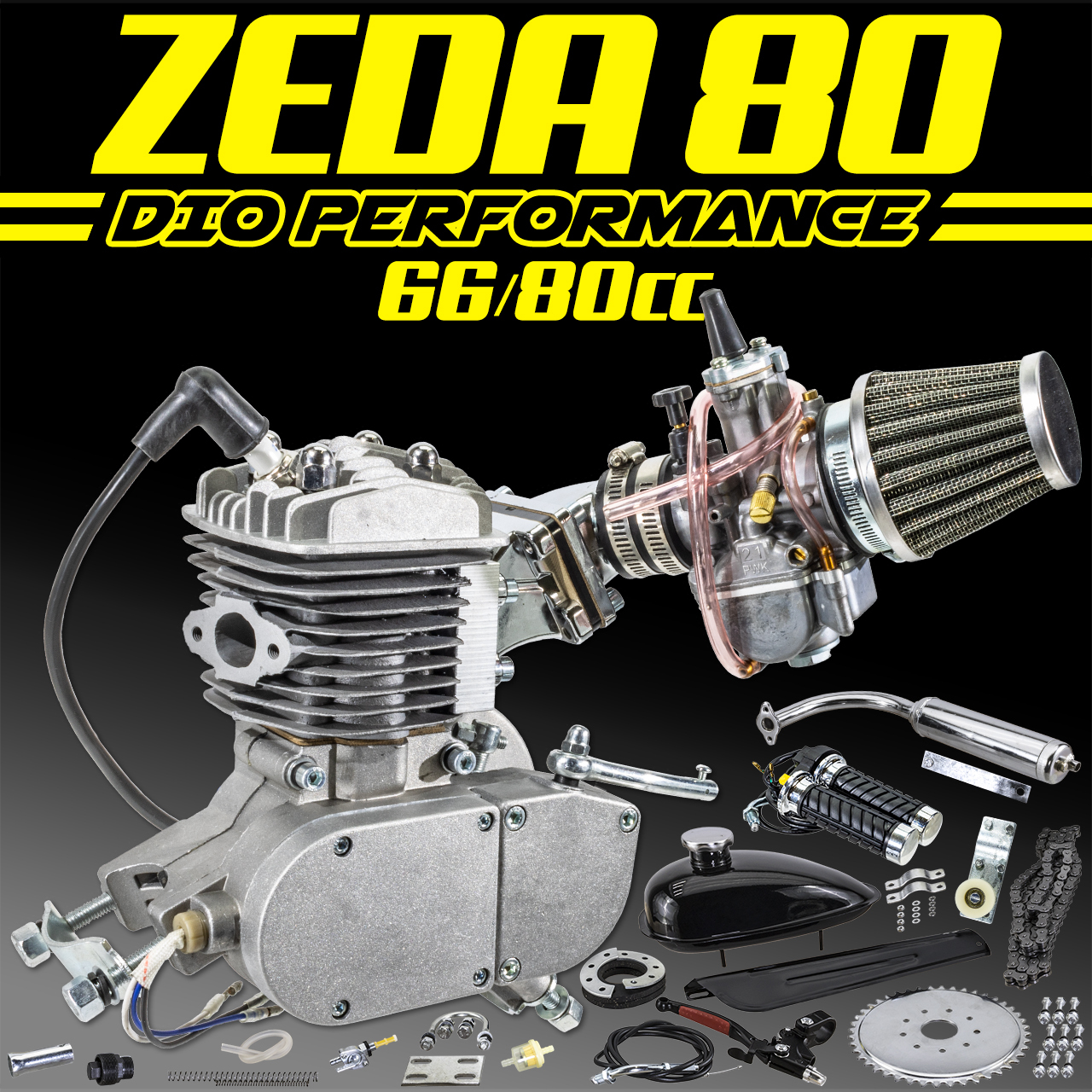 Zeda 80 Performance 2 Stroke Bicycle Engine Kit With Dio Reed Valve & OKO  Carb - Silver - Bicycle-Engines.com