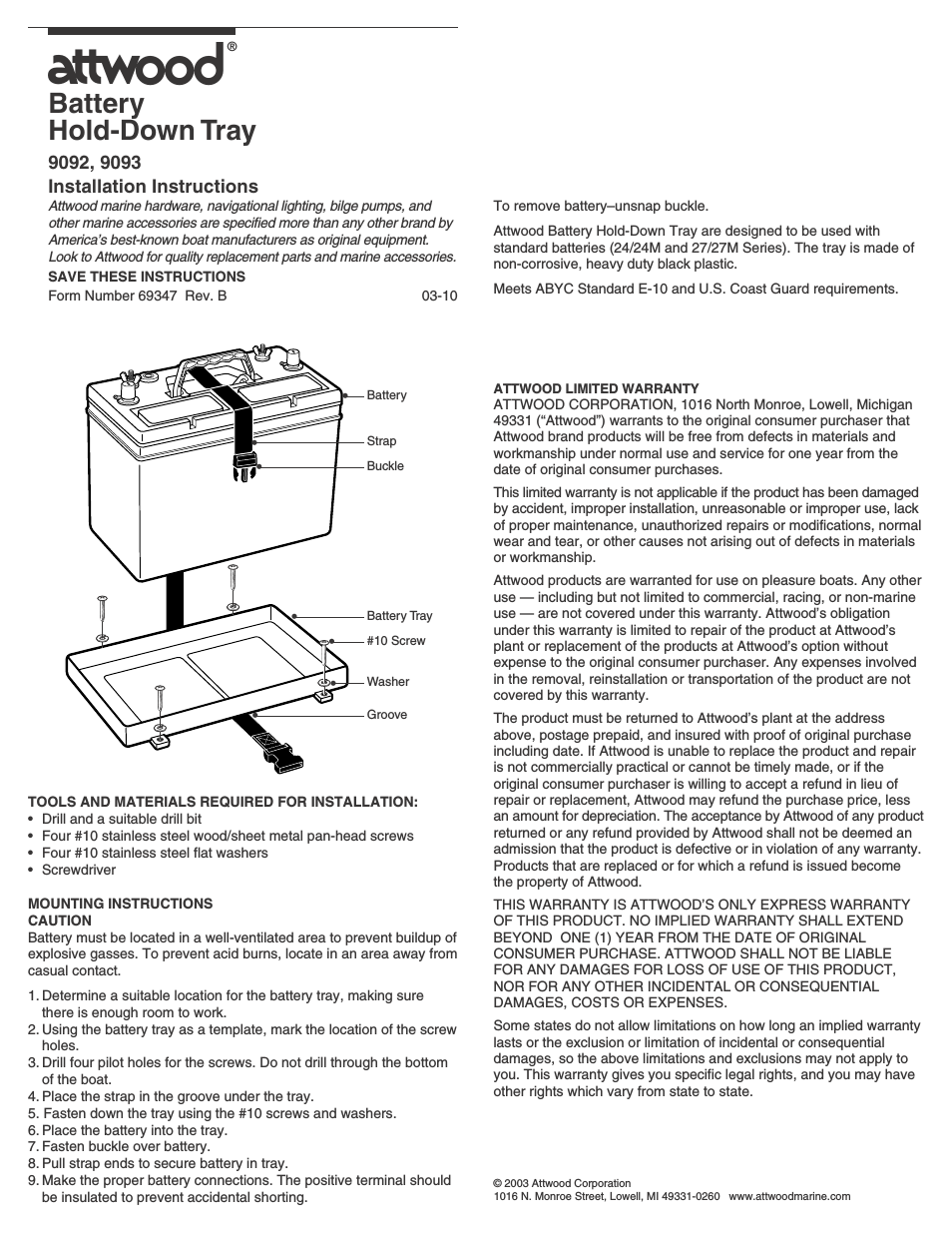 Attwood Battery Tray with Strap User Manual | 1 page