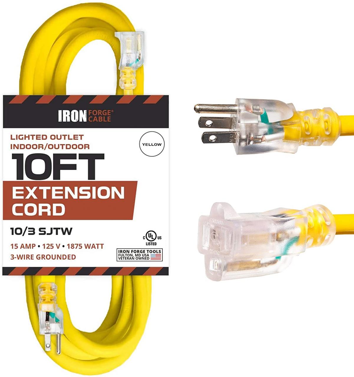 200 Foot Lighted Outdoor Extension Cord - 10/3 SJTW Yellow 10 Gauge Ex - iron  forge tools