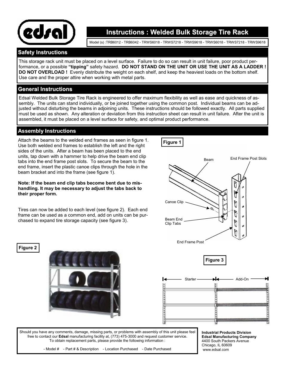 Edsal TRB6012 User Manual | 1 page | Also for: TRB6042, TRWS6018, TRWS7218,  TRWS9618