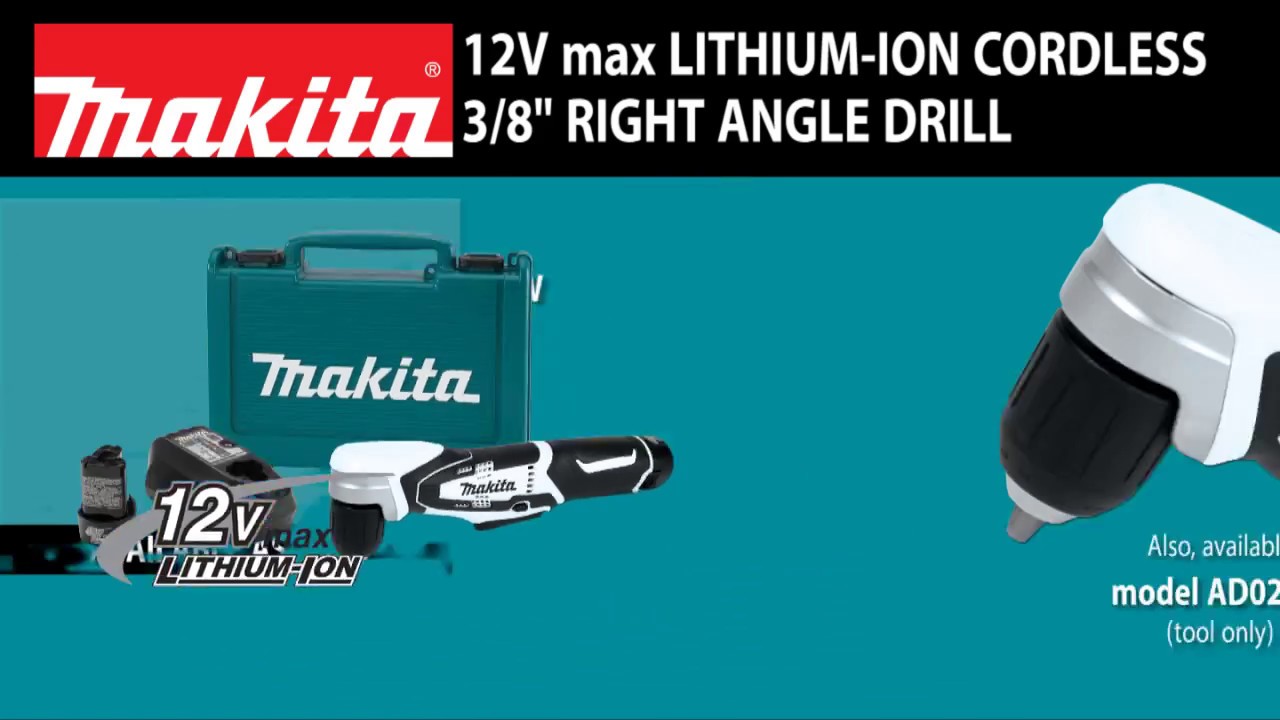 Makita AD04R1 | 12V max CXT Lithium-Ion Cordless 3/8 in. Right Angle Drill  Kit, variable speed, L.E.D. Light, case, 2.0Ah | Flexible Assembly Systems