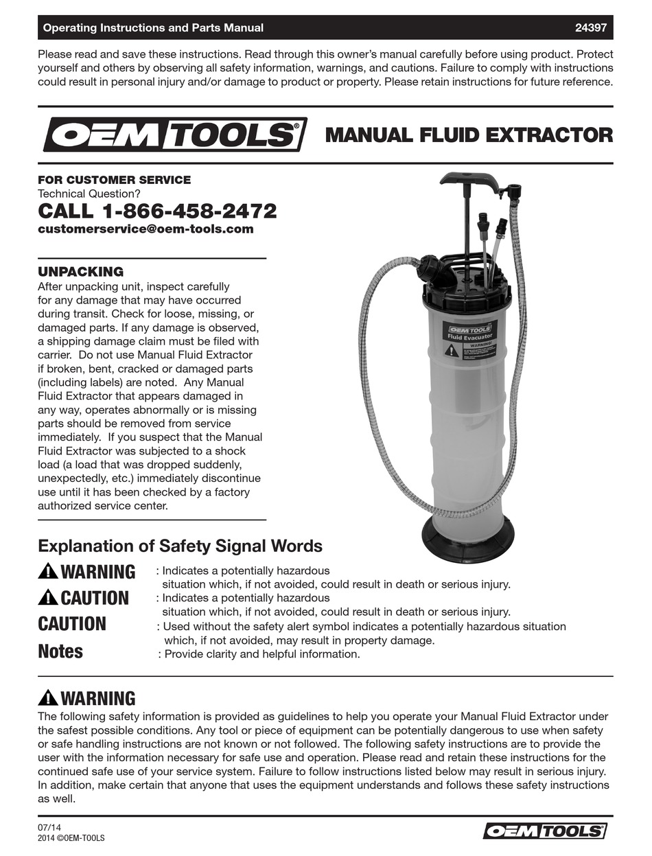 OEM TOOLS MANUAL FLUID EXTRACTOR OPERATING INSTRUCTIONS AND PARTS MANUAL  Pdf Download | ManualsLib