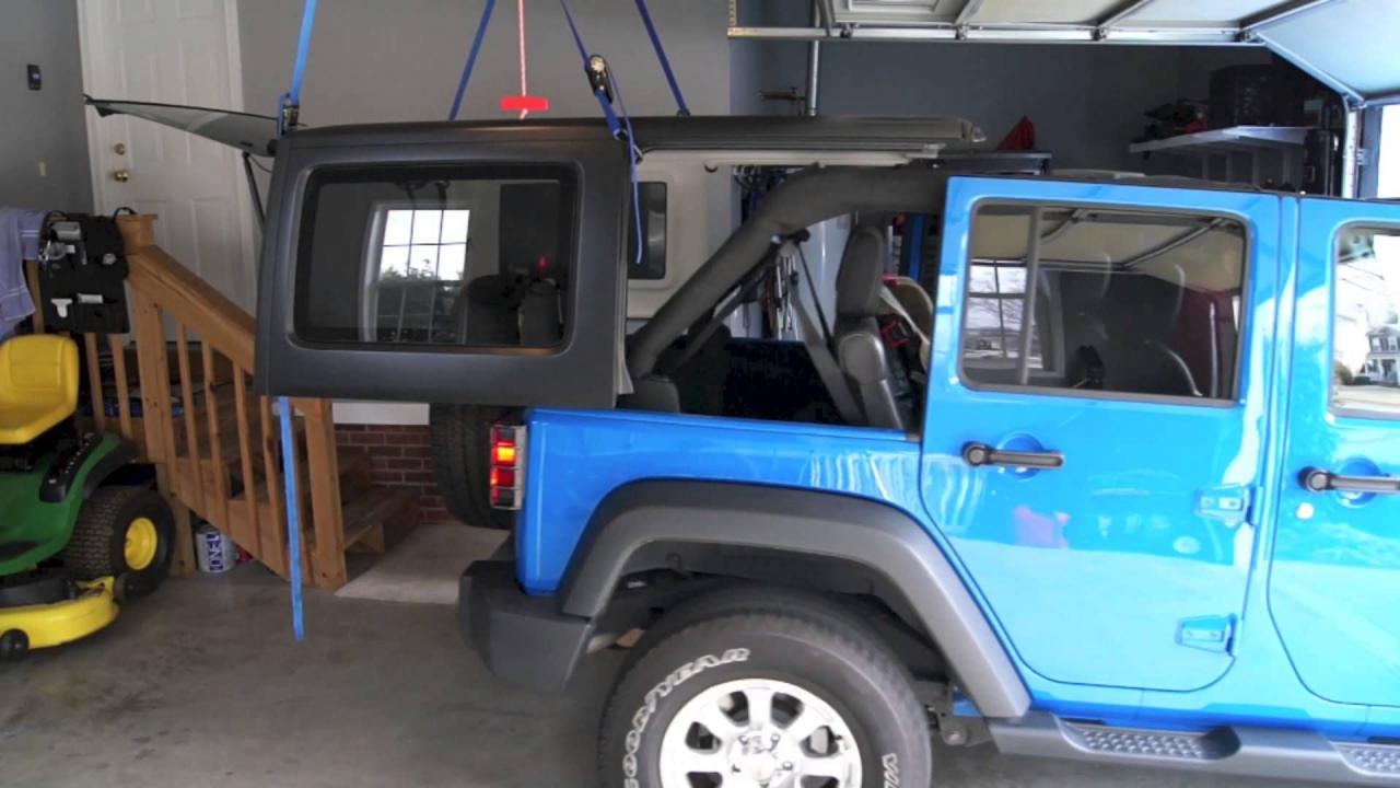 DIY Jeep Hoist - Video shows how to use 4 straps and ratchet system to hoist  a Jeep Wrangler hard top | Jeep wrangler, Diy jeep, Jeep wrangler unlimited