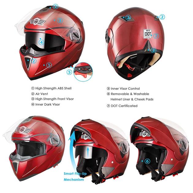 AHR Full Face Helmet with Dual Visors DOT Flip Up Red | The DIY Outlet