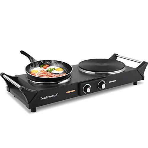 Review for Techwood Hot Plate Portable Electric Stove 1800W Countertop  Double Burner with Adjustable Temperature & Stay Cool Handles, 7.5” Cooktop  for Dorm Office/Home/Camp, Compatible for All Cookwares