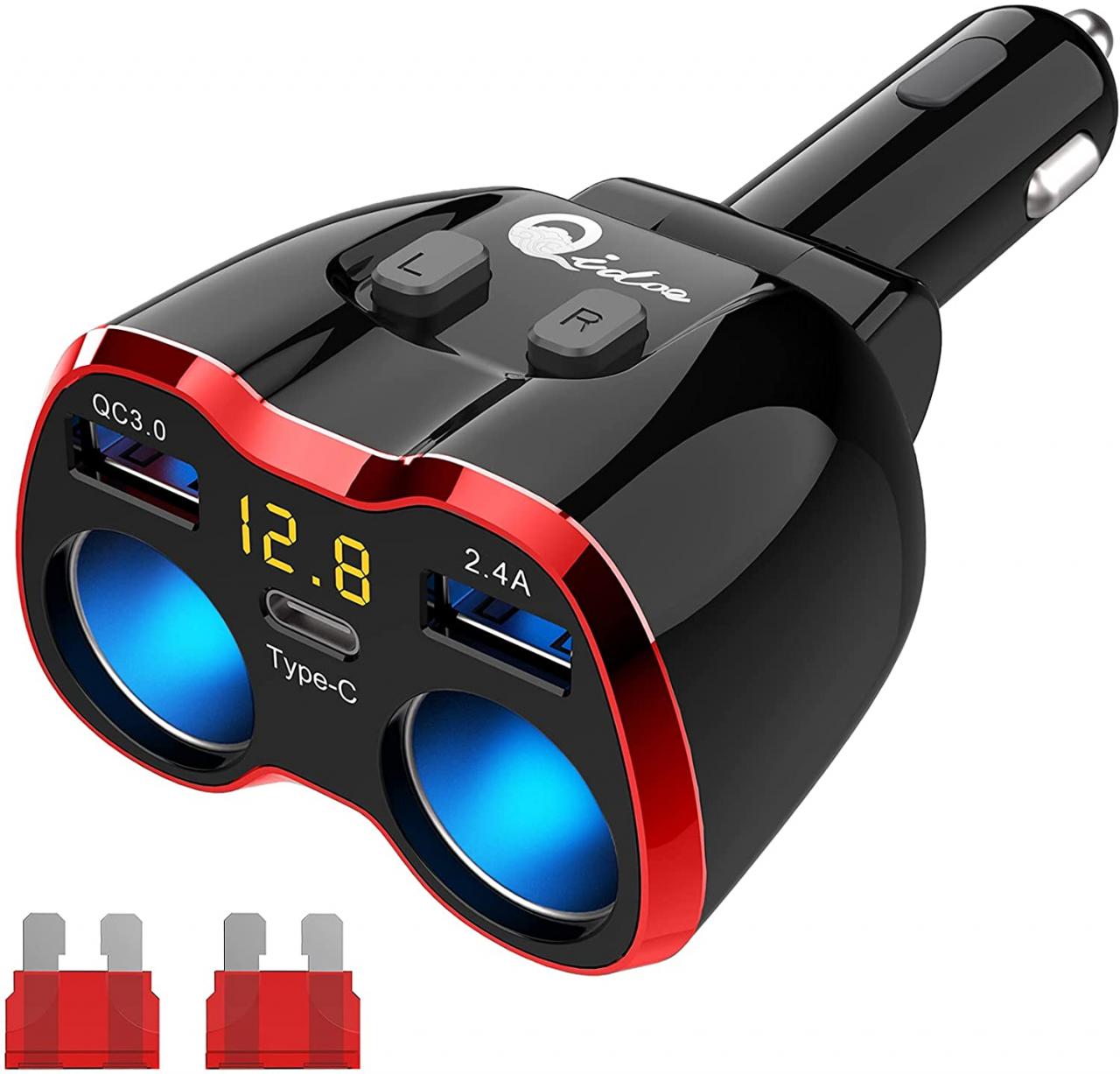 Qidoe Cigarette Lighter Splitter Quick Charger 3.0, 2-Socket Car Splitter  Quick Charge 3.0 & USB C Car Charger 80W 12V/24V DC Outlet with LED  Voltmeter for GPS, Dash Cam, Sat Nav, Phone,