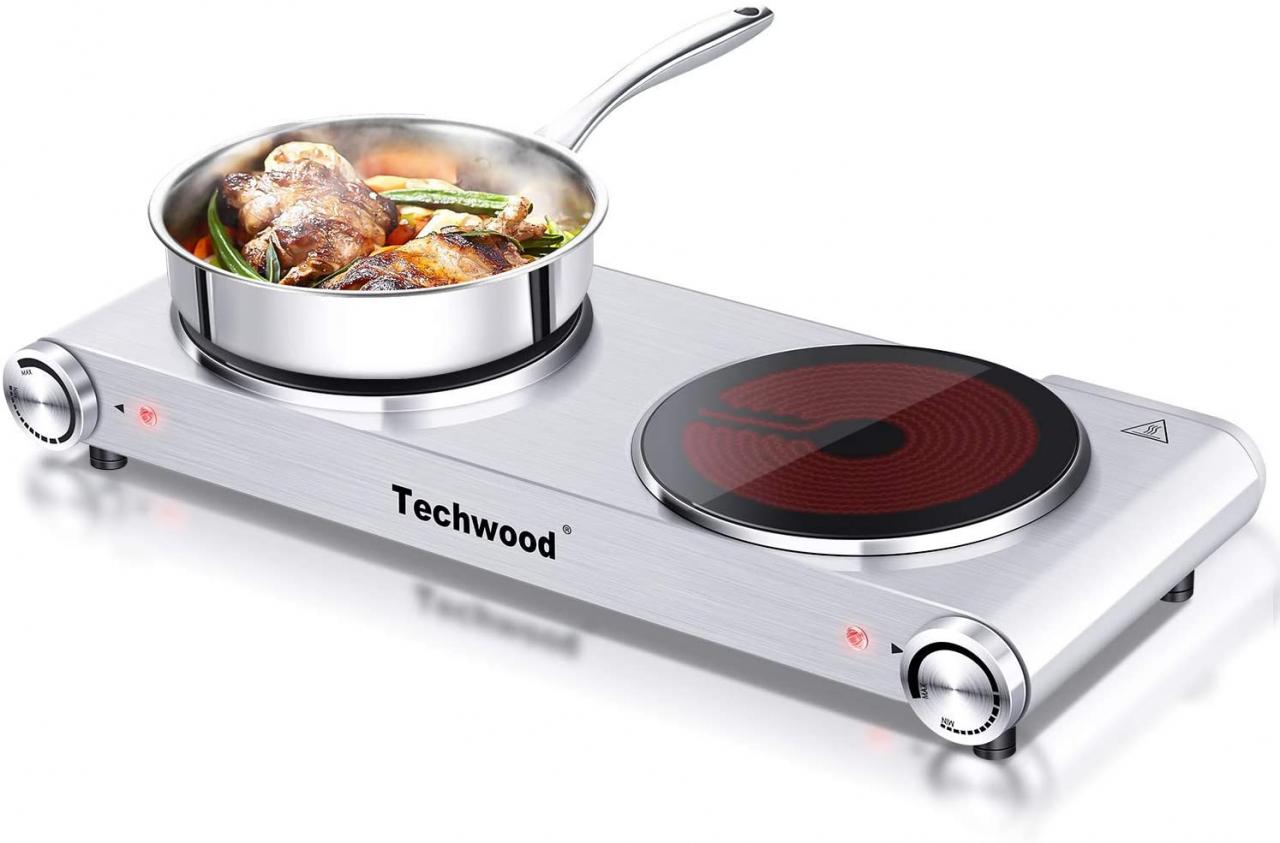 Review for Techwood Hot Plate Portable Electric Stove 1800W Countertop  Double Burner with Adjustable Temperature & Stay Cool Handles, 7.5” Cooktop  for Dorm Office/Home/Camp, Compatible for All Cookwares
